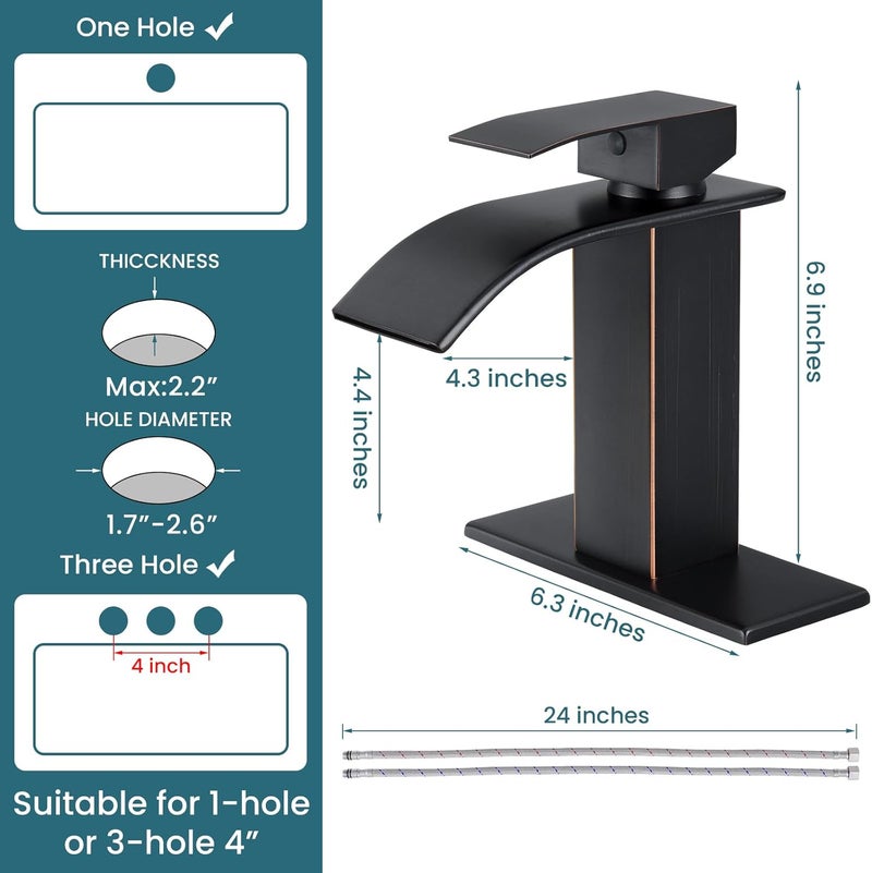 LUFG Bathroom Faucets Oil Rubbed Bronze Waterfall Bathroom Sink Faucet Modern Single Handle Bathroom Faucet for 1 or 3 Hole Mxier Tap Washbasin Faucet with Deck, Pop-up Drain and Supply Hoses - Image 2